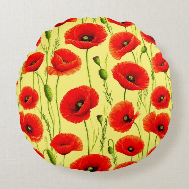 Red Poppy Field With Garden Stem Pattern Decor Round Cushion (Front)