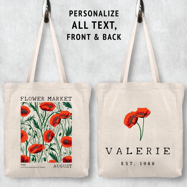 Red Poppy Floral August Birth Flower Market Name Tote Bag (Personalized August Birth Flower Market Tote Bag, Custom Name Bag, Bachelorette Bridesmaid Gifts )