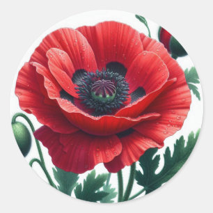 Red Poppy Floral Classic Round Sticker