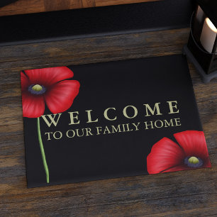 Red Poppy Floral Family Name Black Doormat