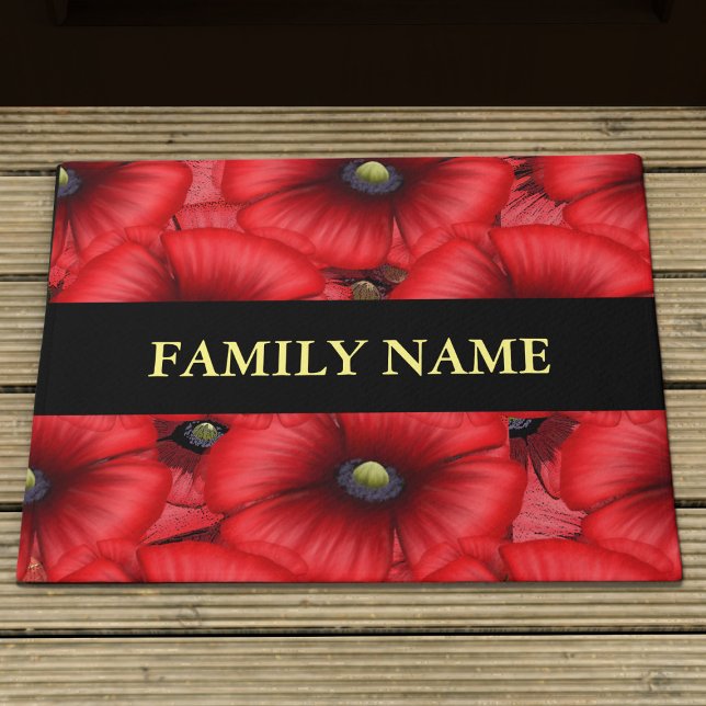 Red Poppy Floral Family Name Doormat (Add your family name and pop this pretty poppy doormat at your front door)