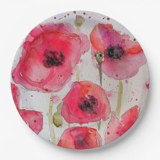 Red Poppy floral Flower Pattern Paper Party Plate (Front)