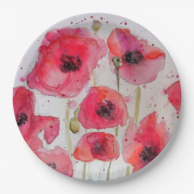 Red Poppy floral Flower Pattern Paper Party Plate (Front)