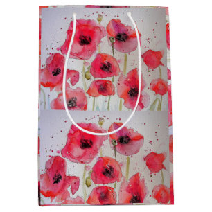 Red Poppy floral Flower Pattern Paper Party Plate Medium Gift Bag