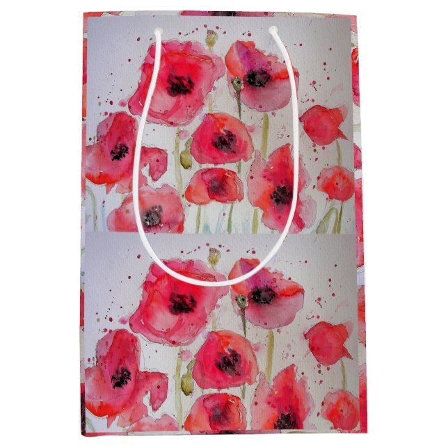 Red Poppy floral Flower Pattern Paper Party Plate Medium Gift Bag (Front)
