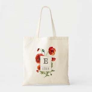 Red Poppy Floral Monogram Personalised Tote Bag