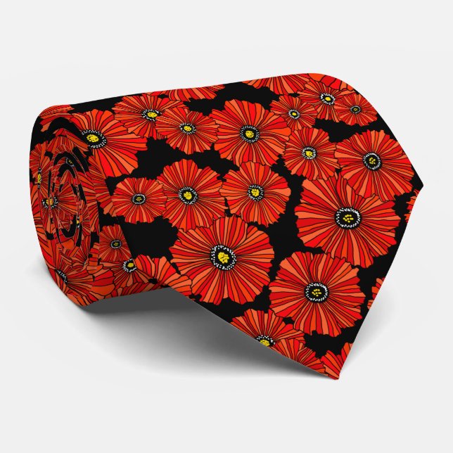 Red poppy floral necktie (Rolled)
