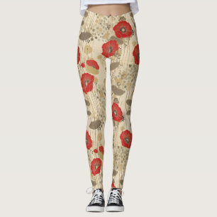 Red Poppy Floral Pattern Leggings