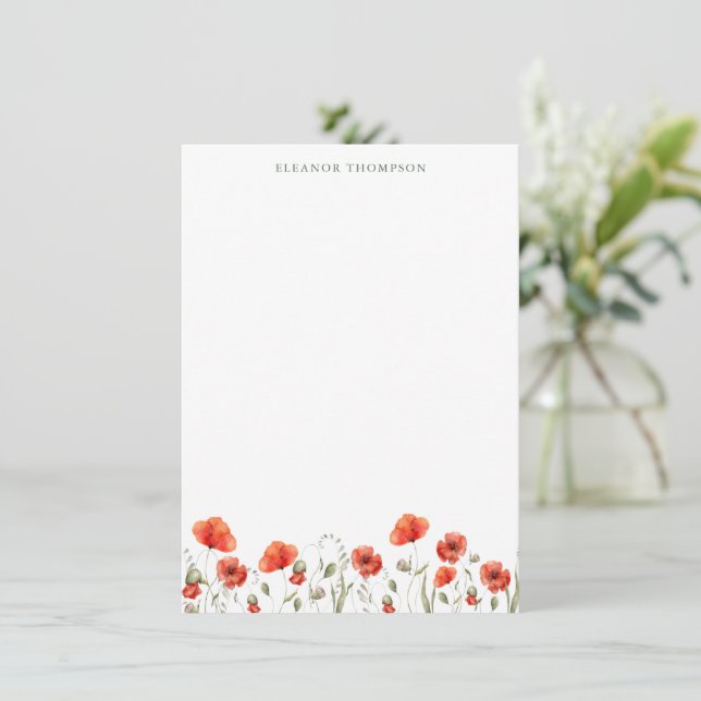 Red Poppy Floral Personalised Name Stationery Card (Standing Front)