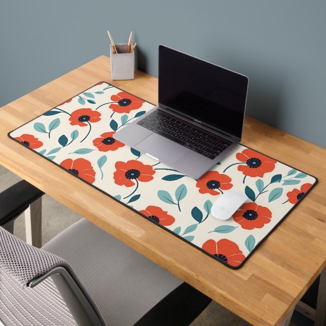 Red Poppy Floral Print Seamless Pattern Desk Mat (Office 2)