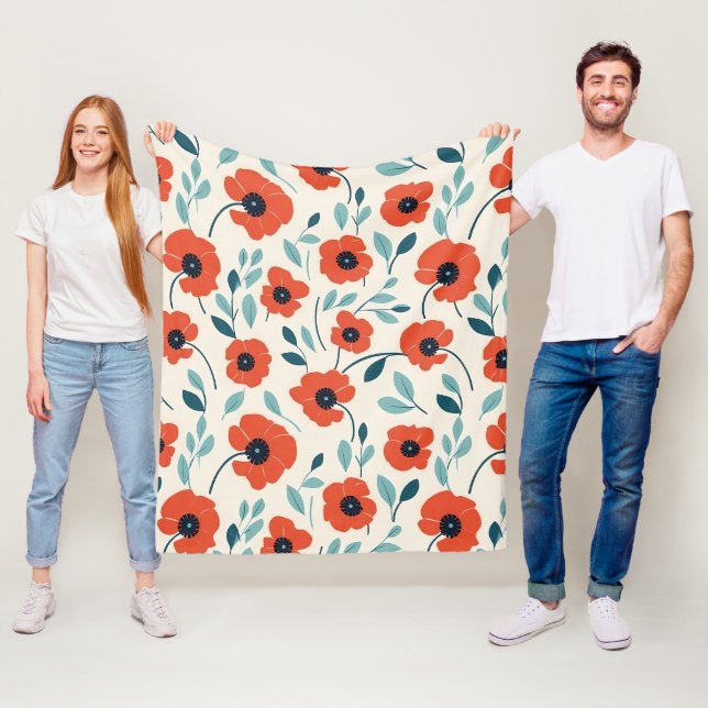 Red Poppy Floral Print Seamless Pattern Fleece Blanket (In Situ)