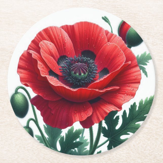 Red Poppy Floral Round Paper Coaster (Front)