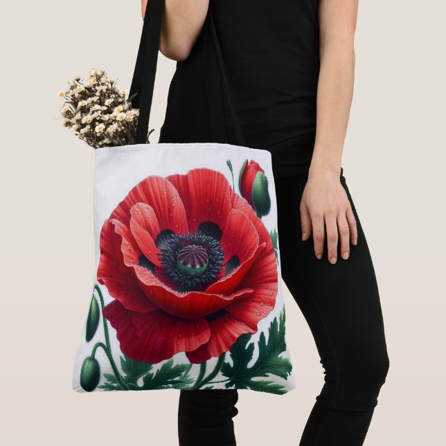 Red Poppy Floral Tote Bag (Close Up)