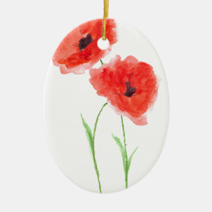 Red poppy floral watercolor nature wildflower ceramic tree decoration