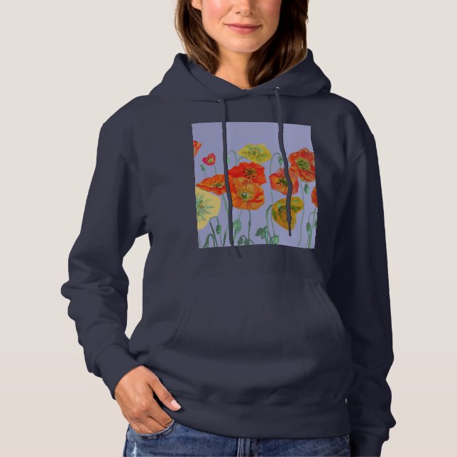 Red Poppy floral Watercolor Purple Flower Pattern Hoodie (Front)