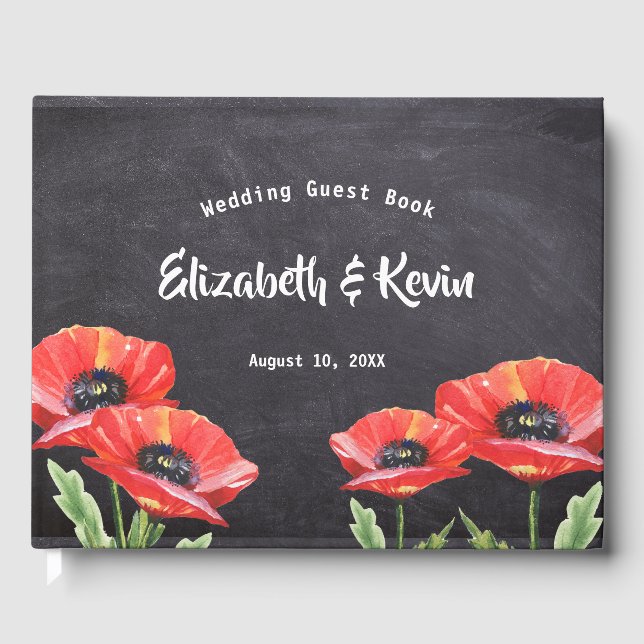 Red Poppy Floral Wedding Rustic Chalkboard Guest Book (Front)