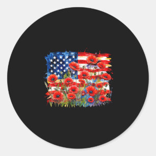 Red poppy flower american flag memorial day classic round sticker