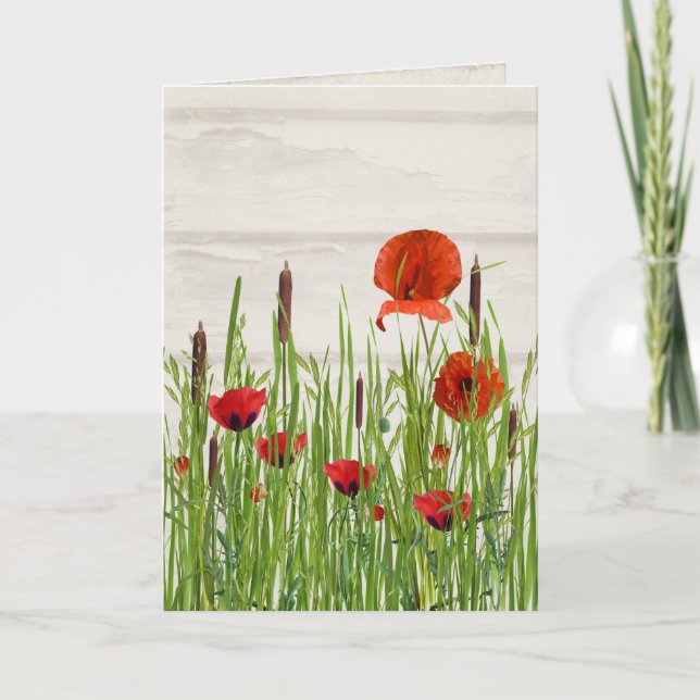 red poppy flower and cattails card (Front)