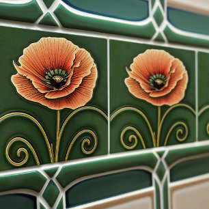 Red Poppy Flower Art Deco Wall Decor Art Nouveau Tile