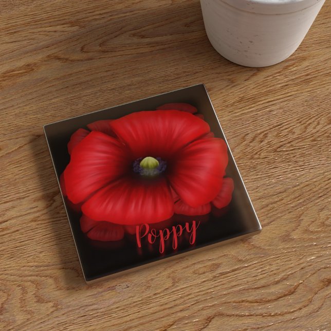 Red Poppy Flower Art Personalised Glass Coaster (Pop your name on this pretty poppy glass coaster. It's a lovely housewarming gift or a treat for you)