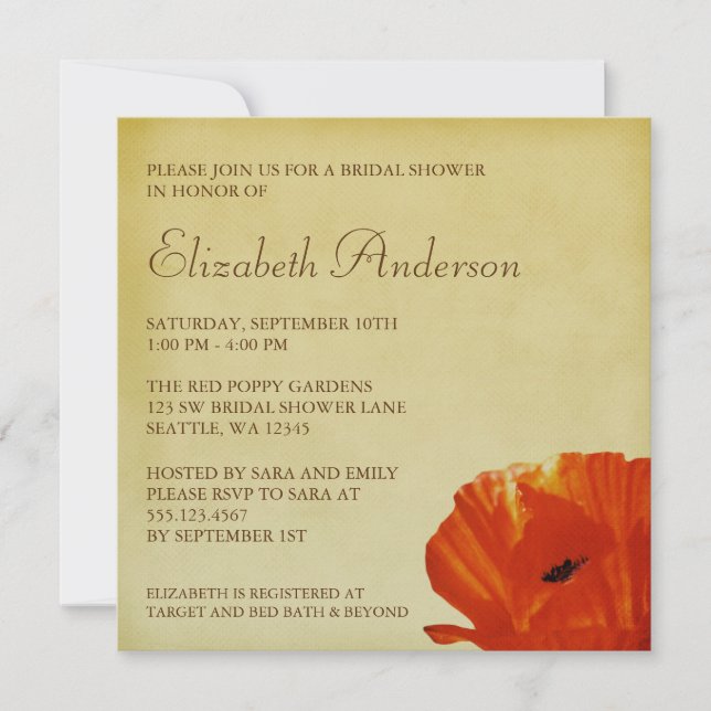 Red Poppy Flower Blossom Bridal Shower Invitation (Front)