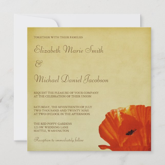 Red Poppy Flower Blossom Wedding Invitation (Front)