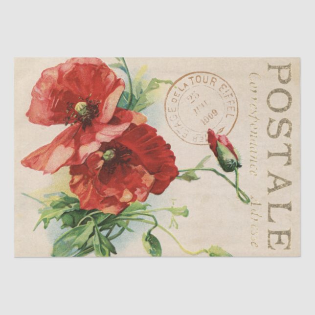 Red Poppy Flower Carte Postale French Decoupage    Tissue Paper (Front)