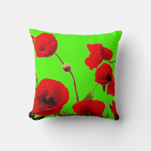 Red Poppy Flower Colourful Bright Neon Green Cushion