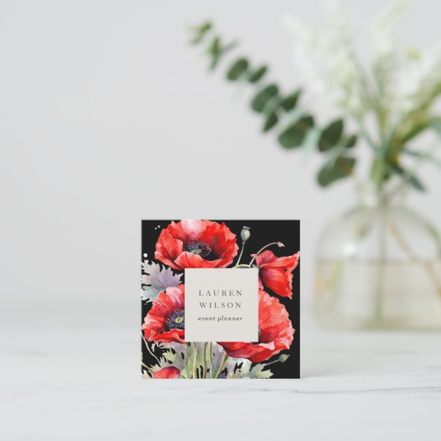 Red Poppy Flower Elegant Business Card (Standing Front)