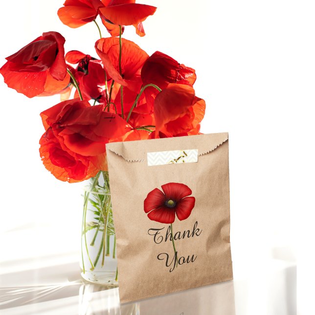 Red Poppy Flower Elegant Thank You Kraft Favour Bags (Say thank you with a poppy and pop your gifts into these pretty floral favor bags)