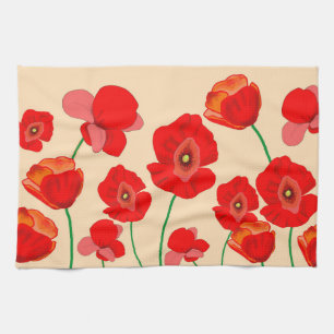 Red Poppy Flower Field on beige background Tea Towel