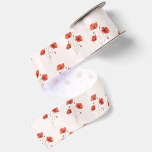 Red Poppy Flower Floral Botanical Pattern Satin Ribbon
