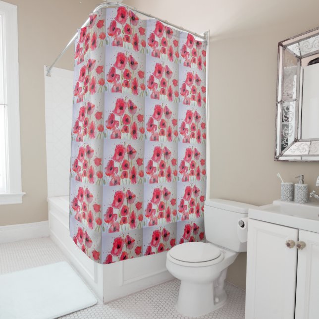 Red Poppy Flower floral Watercolour Shower Curtain (In Situ)