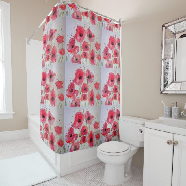 Red Poppy Flower floral Watercolour Shower Curtain (In Situ)
