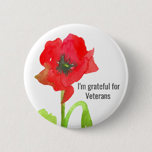Red Poppy Flower Grateful For Veterans 6 Cm Round Badge