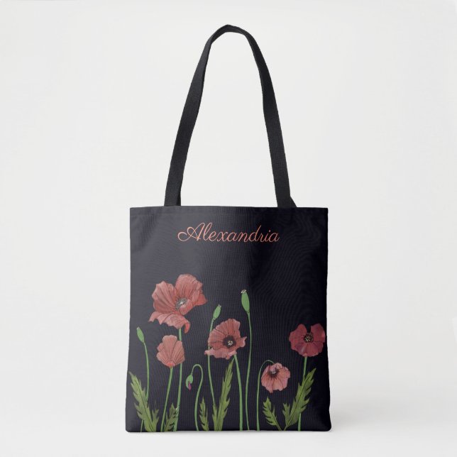 Red poppy flower on black monogram tote bag (Front)