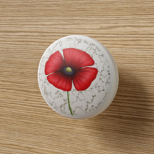 Red Poppy flower on faux marble background Ceramic Knob
