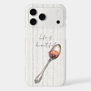 Red Poppy Flower on Spoon Grey Cream White Stripes