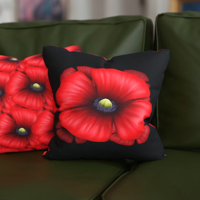 Red Poppy Flower Pattern Black Floral Cushion (Pop a poppy pillow on your sofa! This red and black modern floral pillow is double sided.)