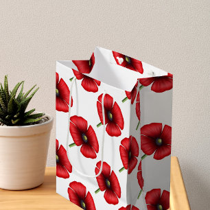 Red Poppy Flower Pattern Medium Floral Gift Bag