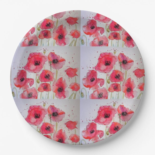 Red Poppy Flower Pattern Paper Party Plate (Front)