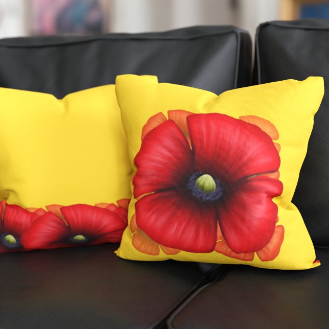 Red Poppy Flower Sunshine Yellow Throw Pillow (Pop a poppy pillow on your sofa! It's double sided so you get a different poppy design on other side)