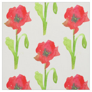 Red Poppy Flower Watercolor Fabric