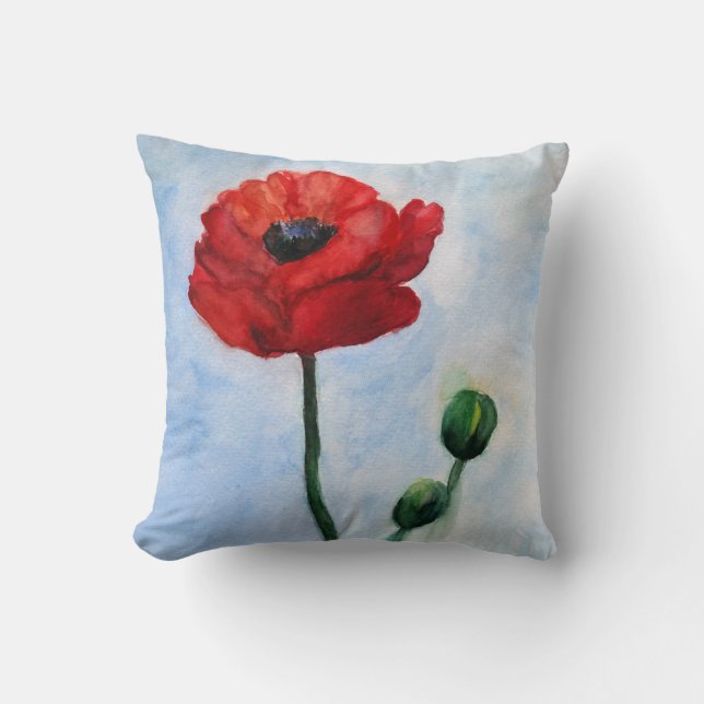 Red Poppy Flower Watercolor Throw Cushion (Front)