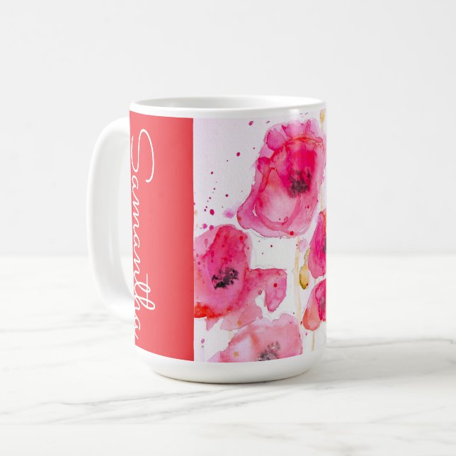 Red Poppy Flower Watercolor Womans Name Coffee Mug (Front Left)