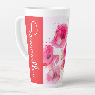 Red Poppy Flower Watercolor Womans Name Latte Mug