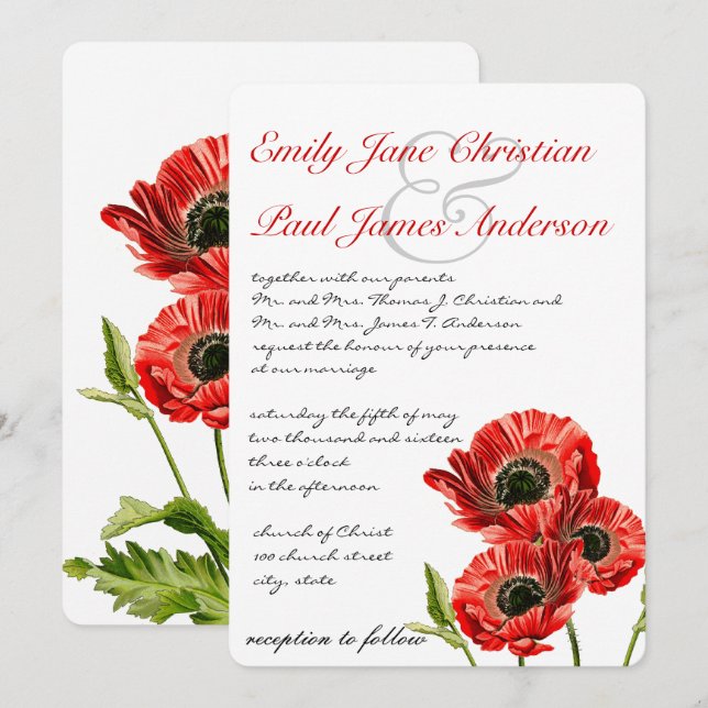 Red Poppy Flower Wedding Invitation (Front/Back)