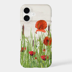 red poppy flower with cattails