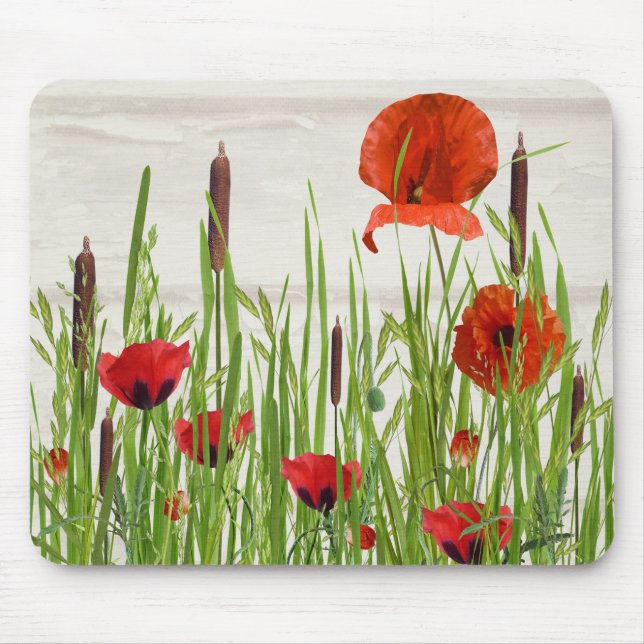 red poppy flower with cattails mouse mat (Front)