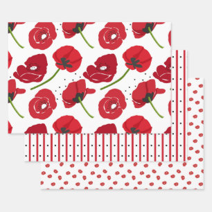 Red Poppy Flowers and Coordinating Wrapping Paper Sheet